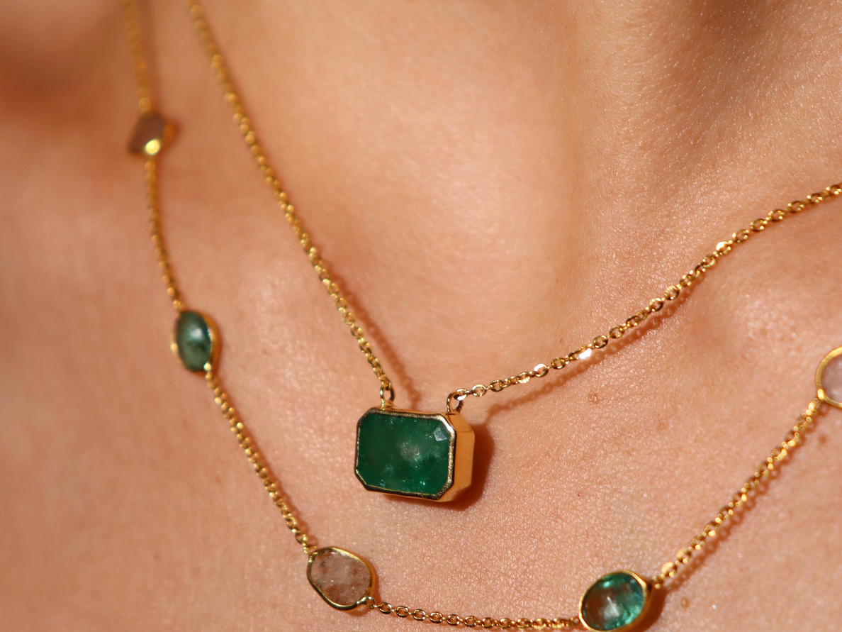 NATURAL EMERALD-CUT EMERALD BEZEL SOLITAIRE NECKLACE image 2