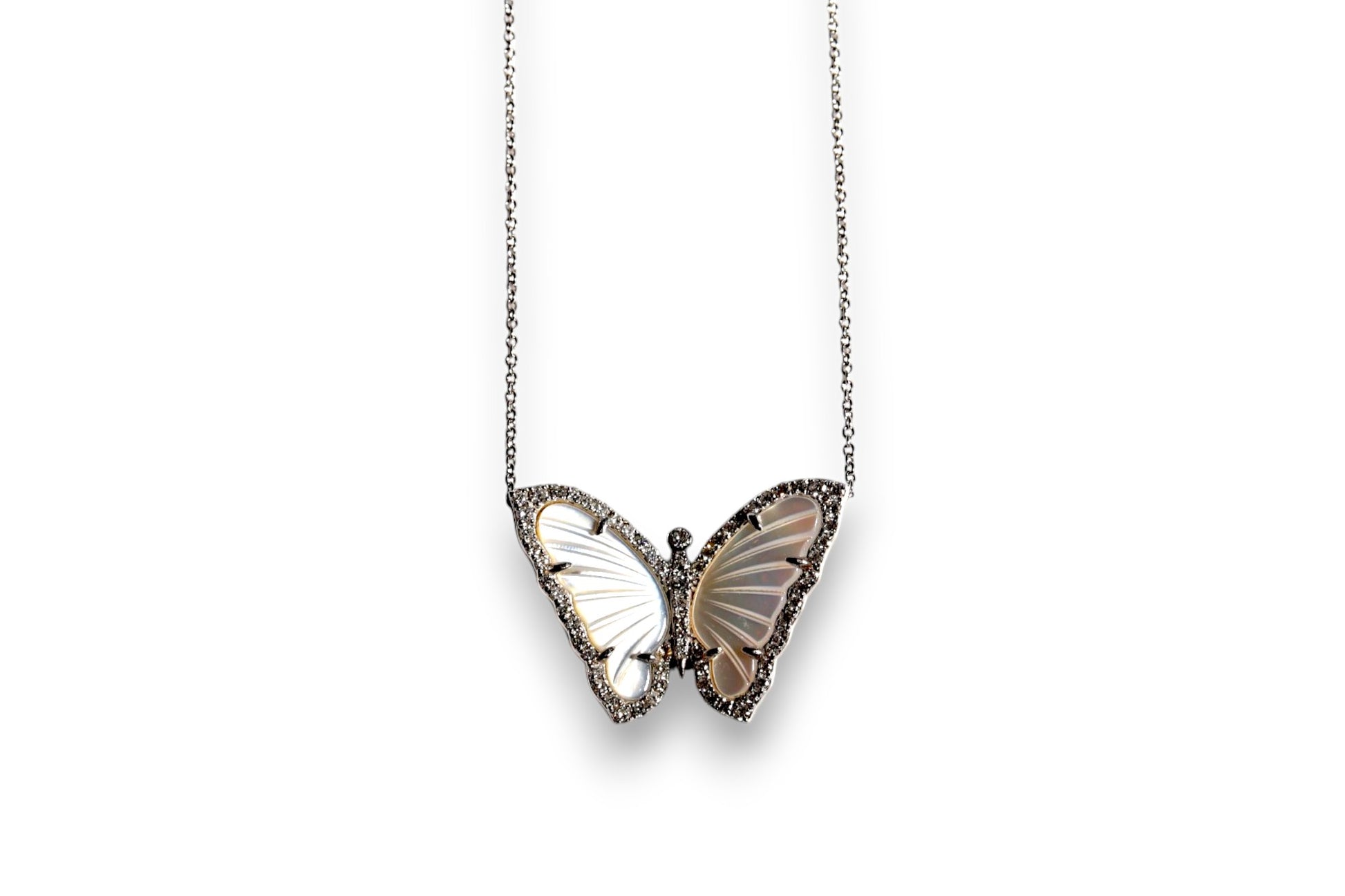 MOTHER OF PEARL & DIAMOND HALO BUTTERFLY PENDANT NECKLACE image 1