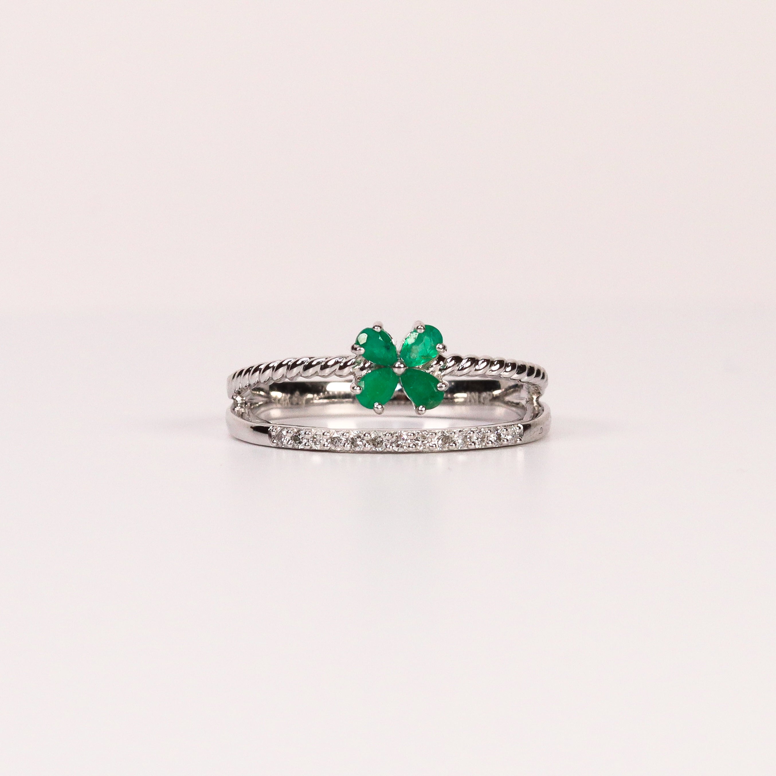 EMERALD & DIAMOND PEAR-CUT FLOWER DOUBLE BAND RING image 0