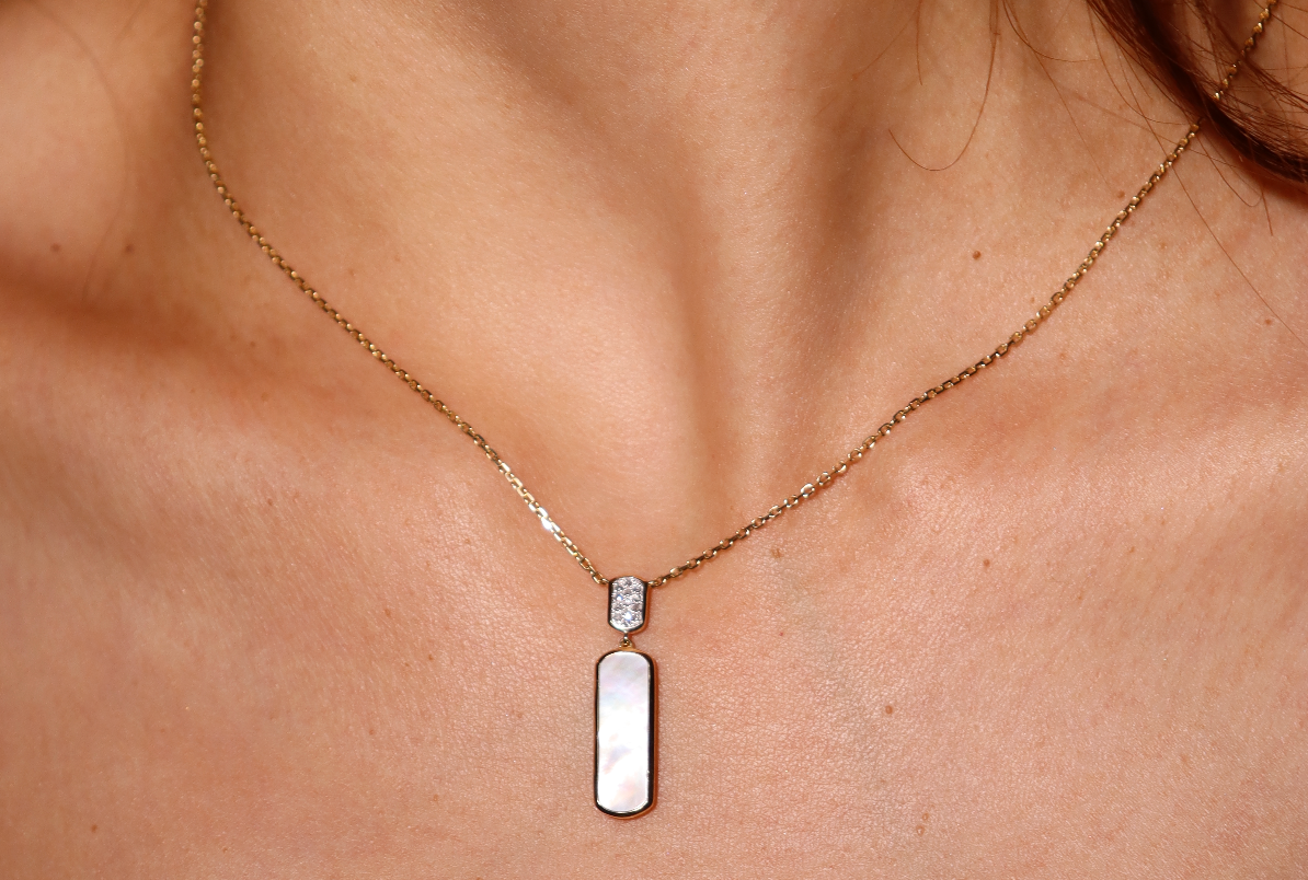 MOTHER OF PEARL BAR & DIAMOND PAVÉ CONNECTOR PENDANT NECKLACE image 1