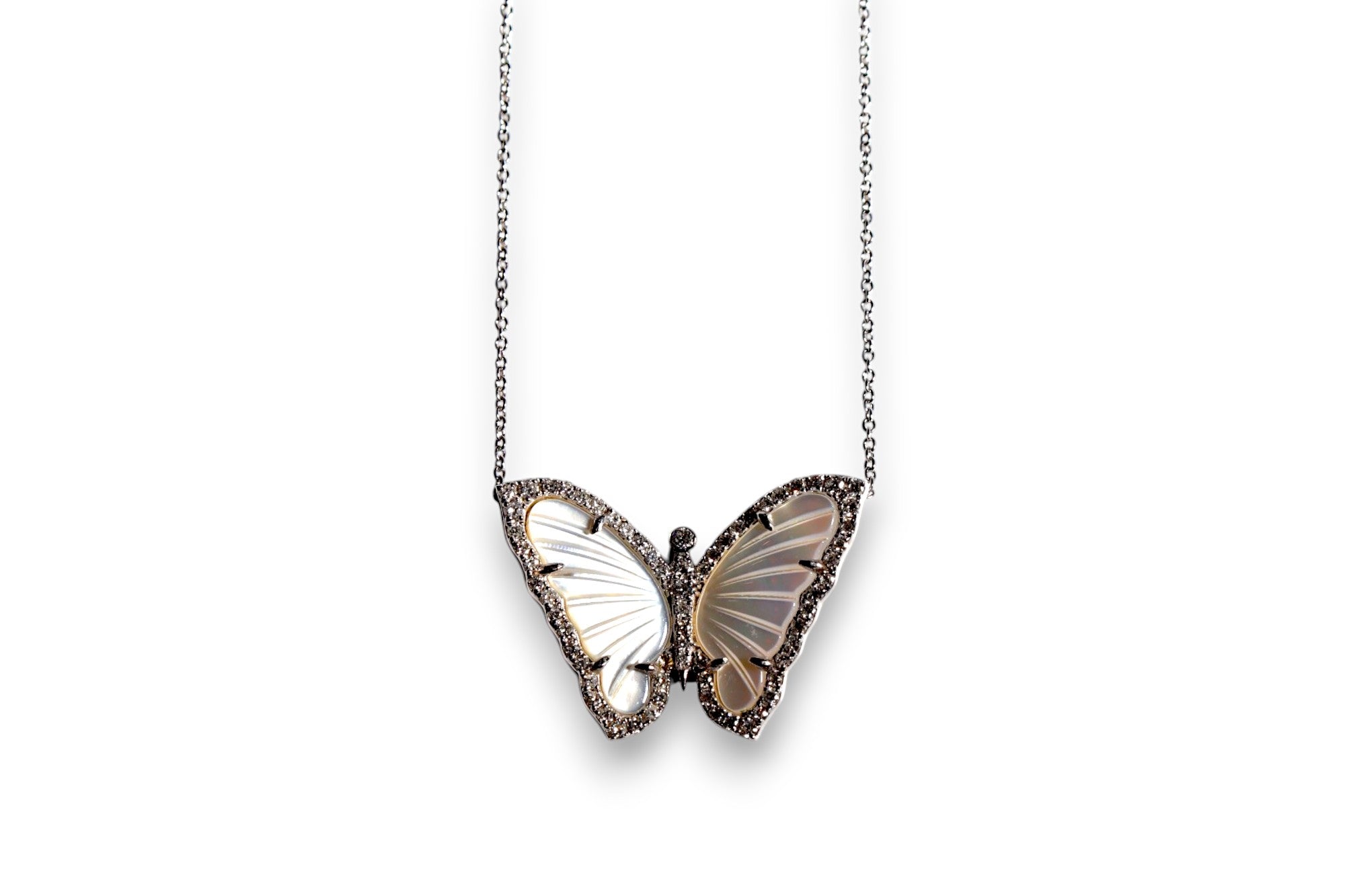 MOTHER OF PEARL & DIAMOND HALO BUTTERFLY PENDANT NECKLACE image 0