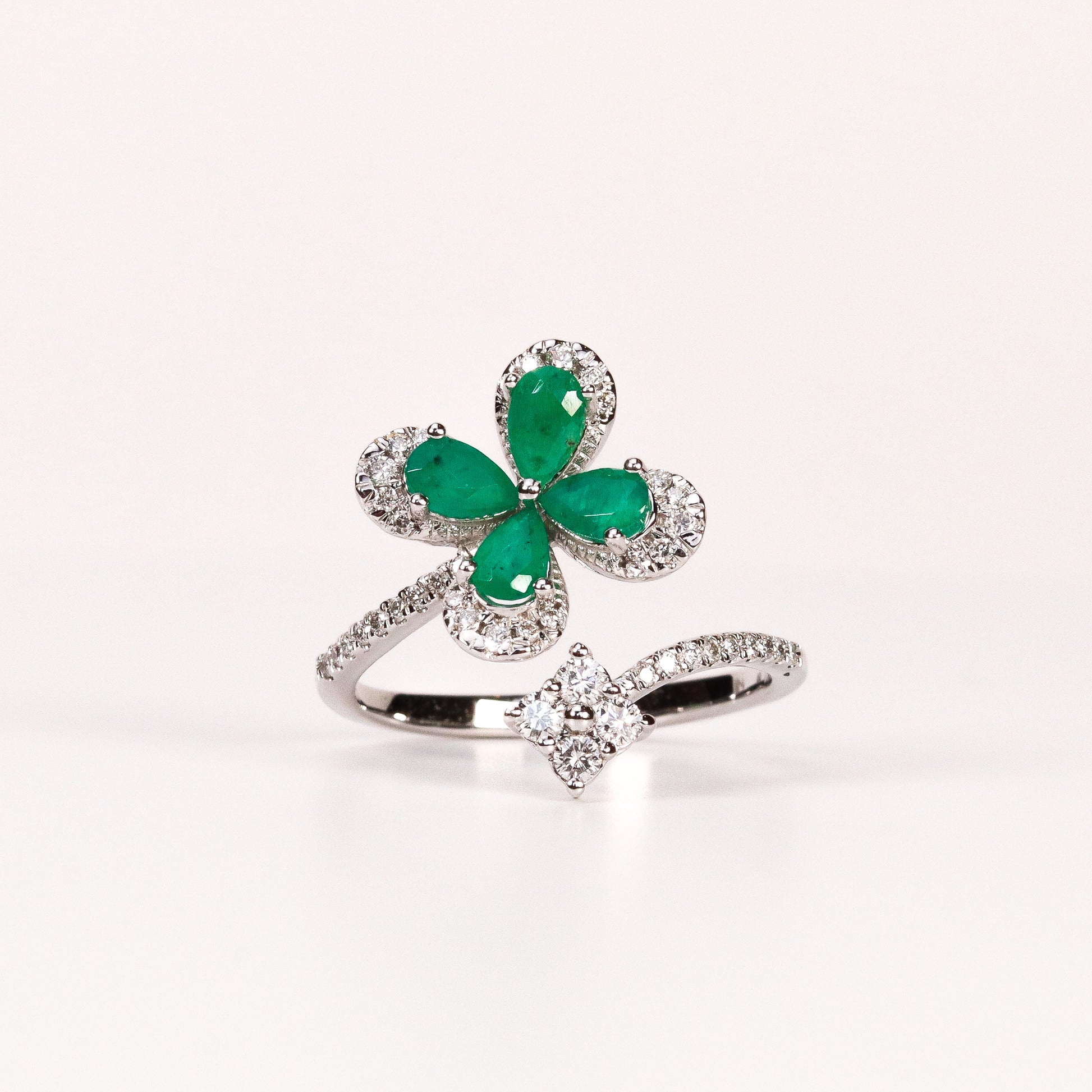 EMERALD & DIAMOND PEAR-CUT FLOWER BYPASS RING image 0